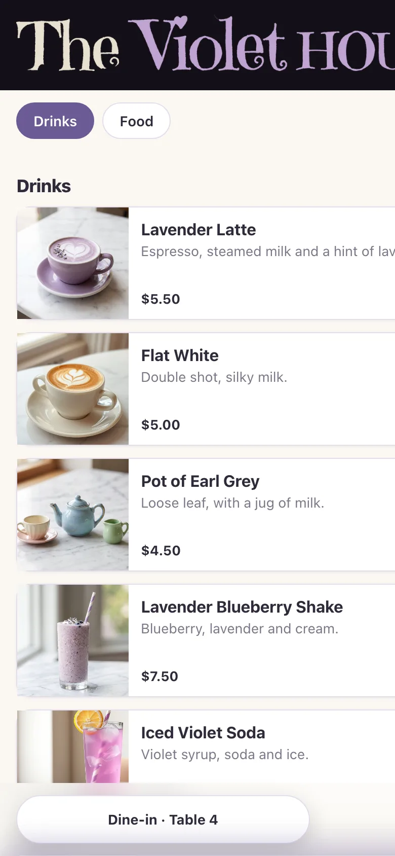 The Violet Hour menu on a phone: Drinks and Food tabs with photo cards.